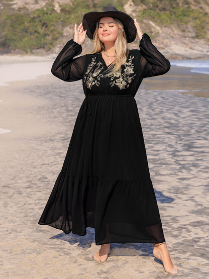 Plus Size Embroidered Long Sleeve Dress