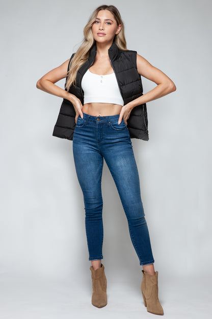 Zip Up Turtleneck Vest with Pockets in Black