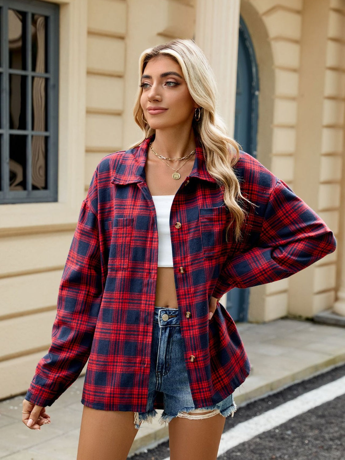 Plaid Collared Neck Long Sleeve Shirt in 8 Colors