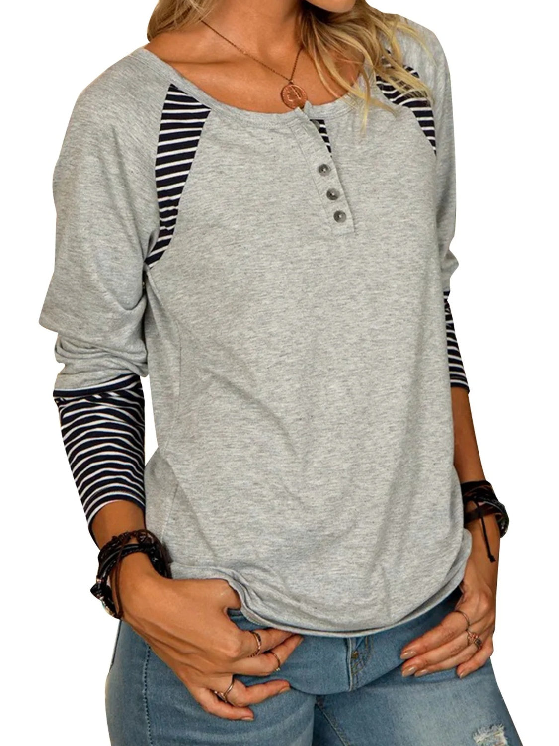 Full Size Striped Quarter Button Top in 6 Colors