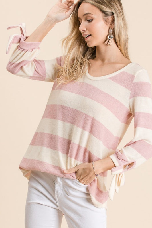 Ribbon Cuff Striped Top