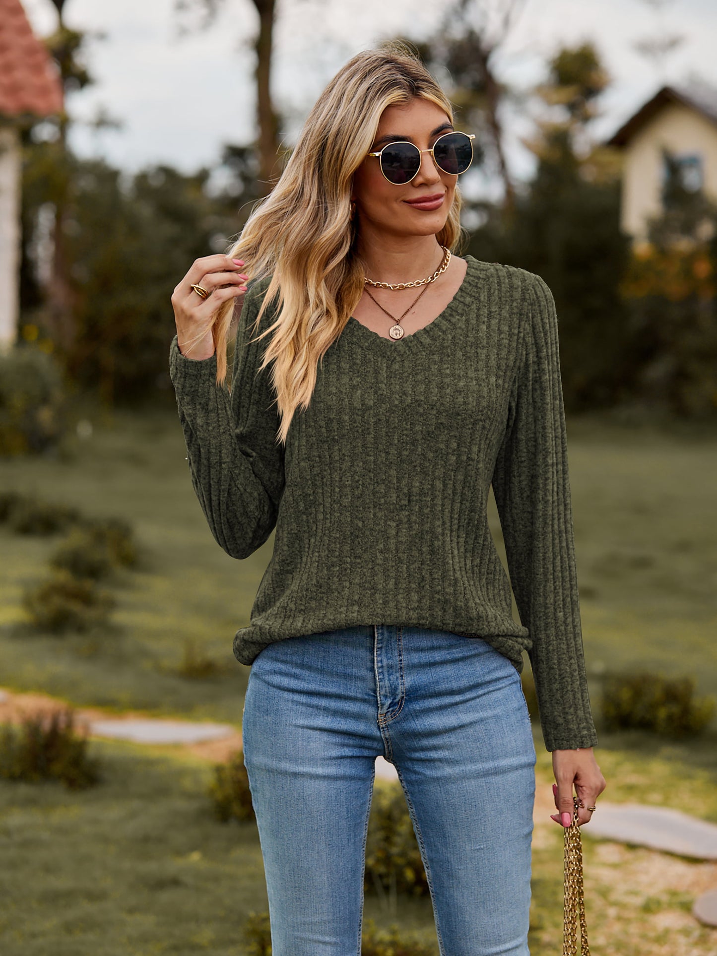 Ribbed V-Neck Long Sleeve Top in 7 Colors