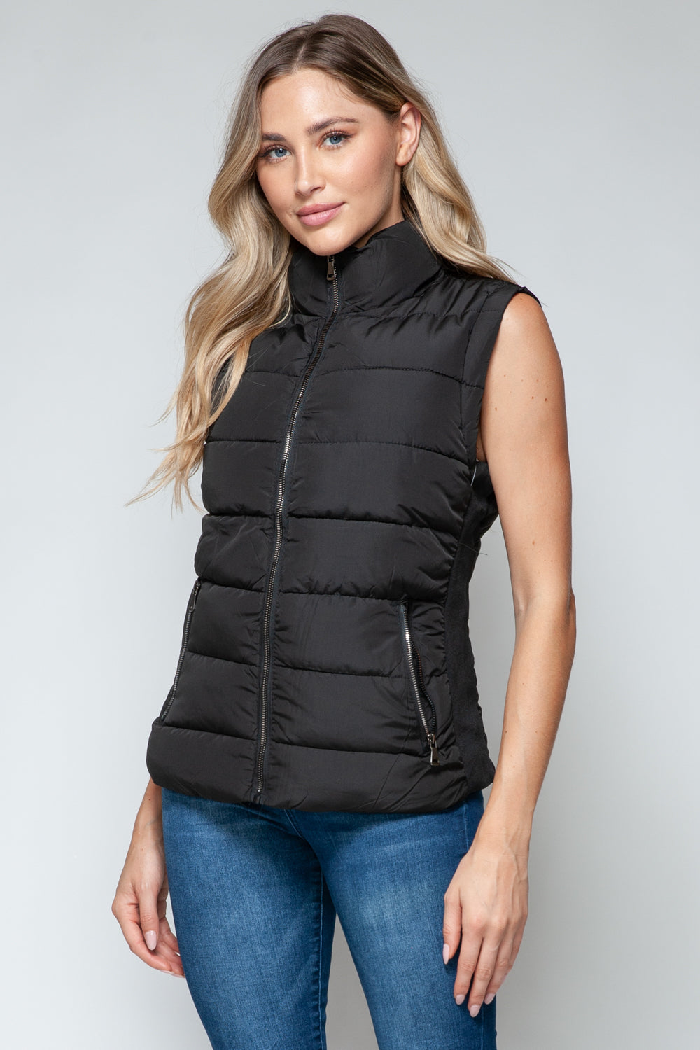 Zip Up Turtleneck Vest with Pockets in Black