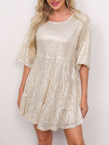 Sequin Round Neck Half Sleeve Mini Dress