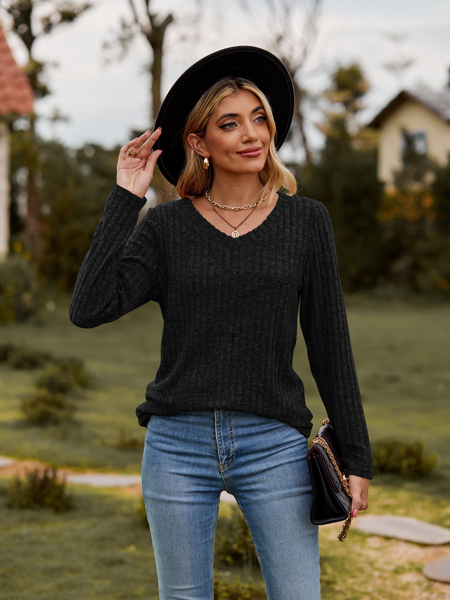 Ribbed V-Neck Long Sleeve Top in 7 Colors