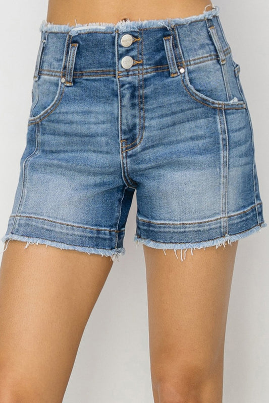 High Rise Raw Edge Denim Shorts - Olive Ave