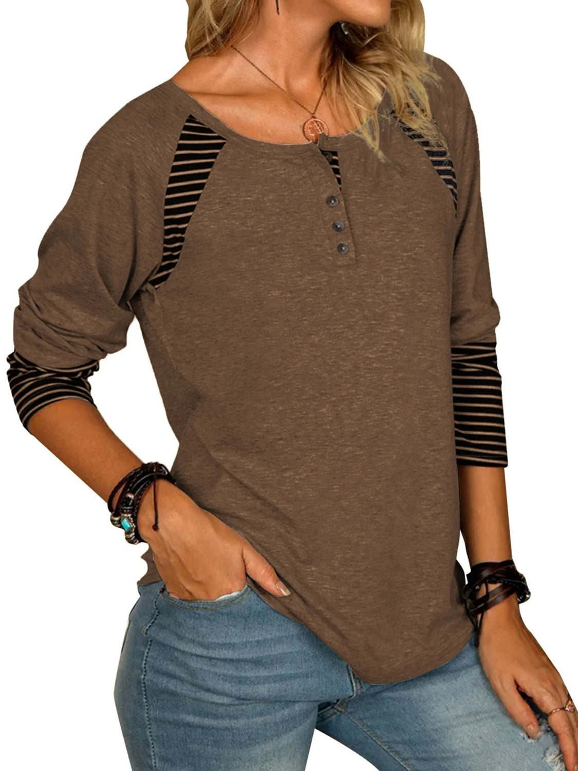 Full Size Striped Quarter Button Top in 6 Colors