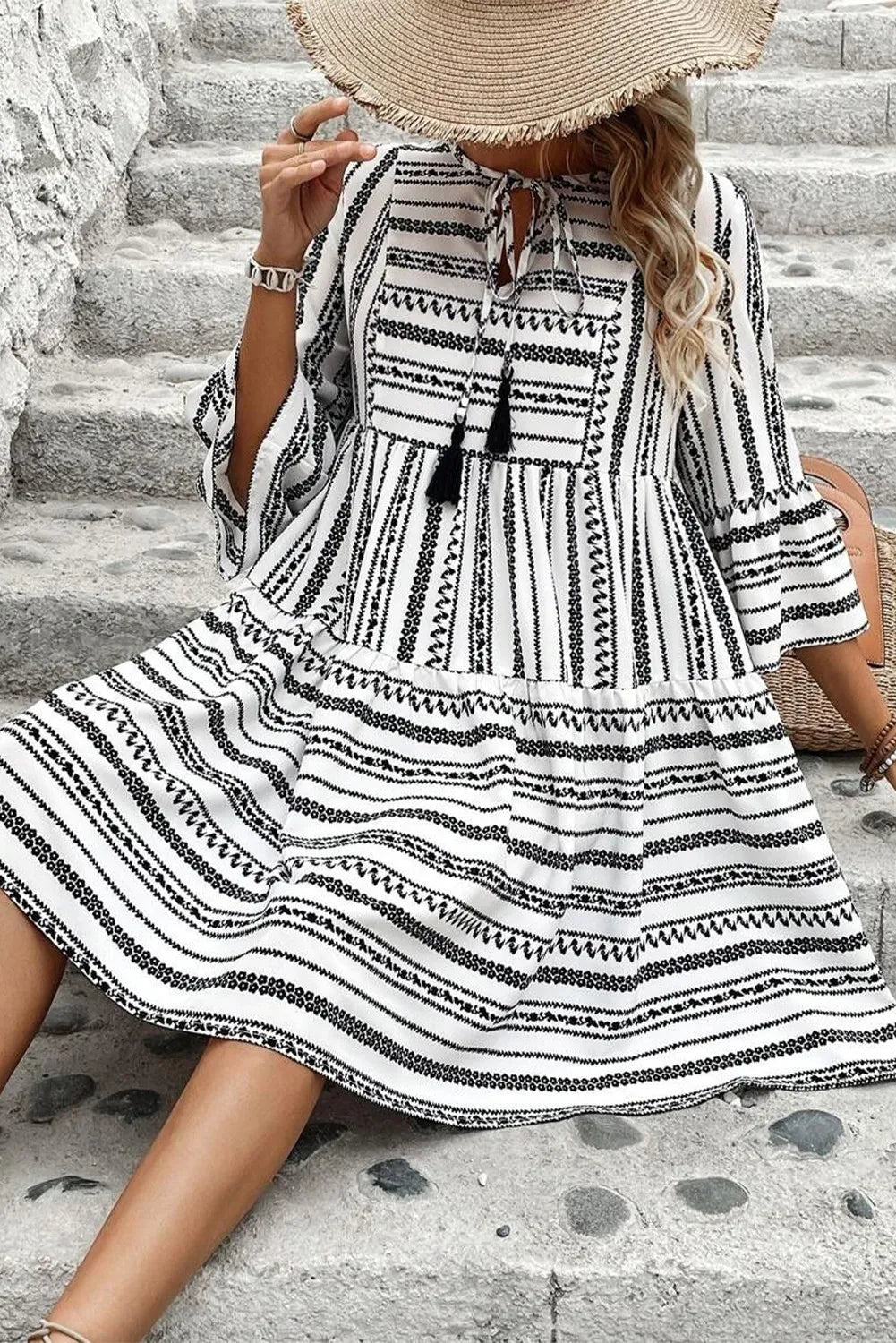 Printed Three-Quarter Sleeve Mini Dress