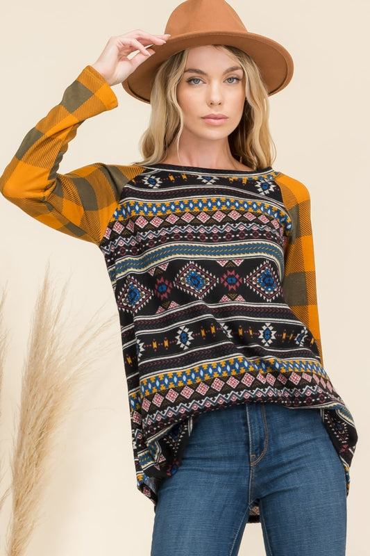 Full Size Geometric Plaid Long Sleeve T-Shirt