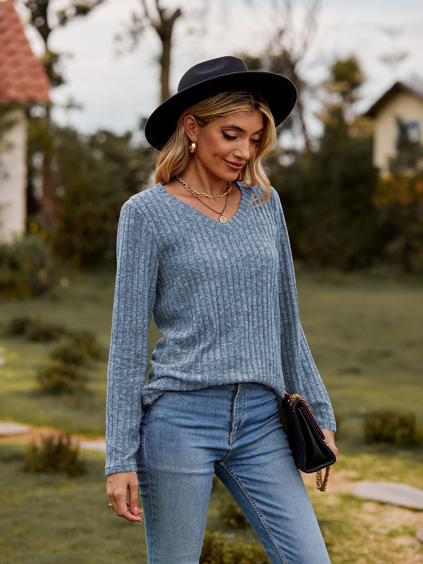 Ribbed V-Neck Long Sleeve Top in 7 Colors