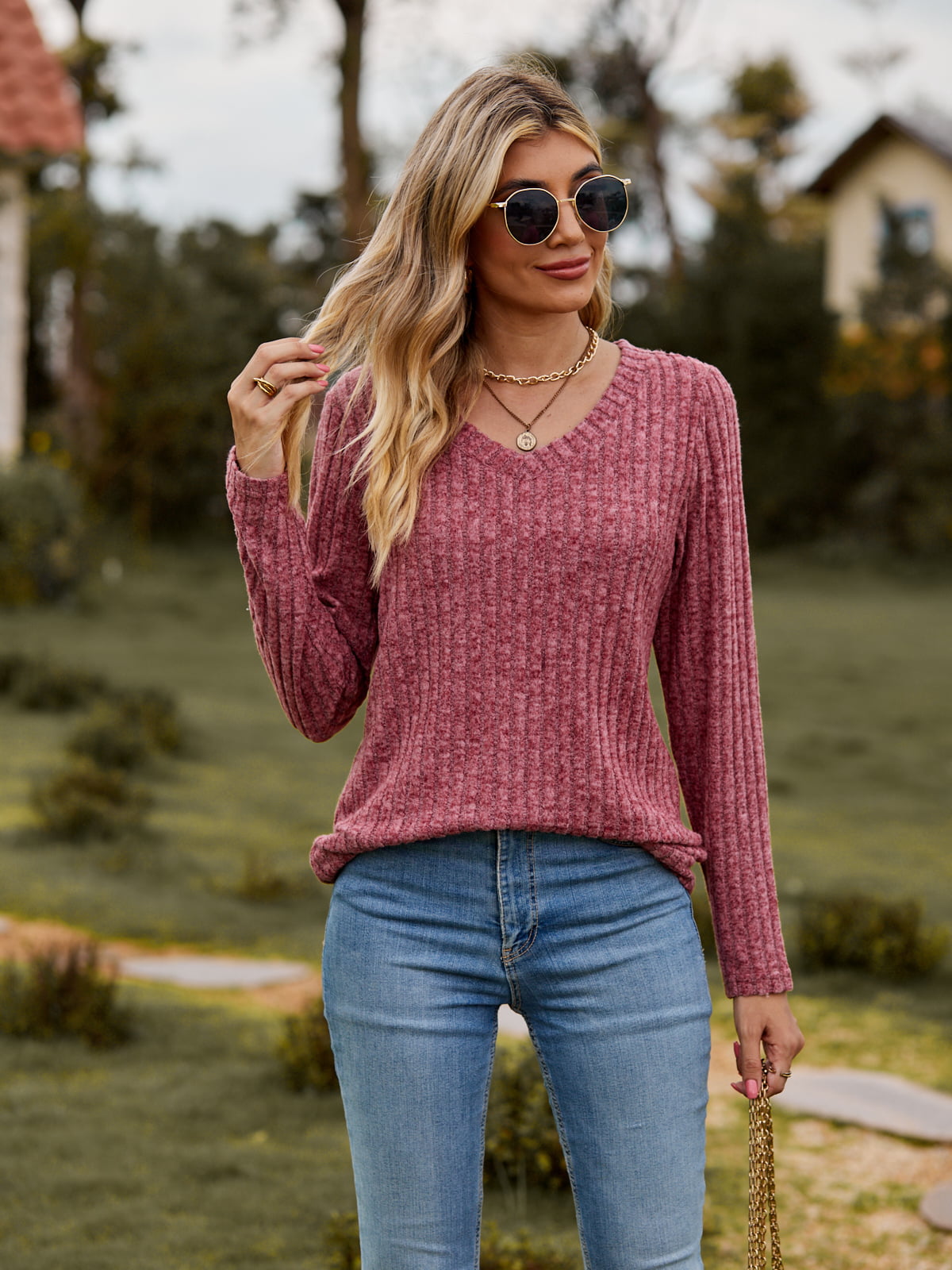 Ribbed V-Neck Long Sleeve Top in 7 Colors