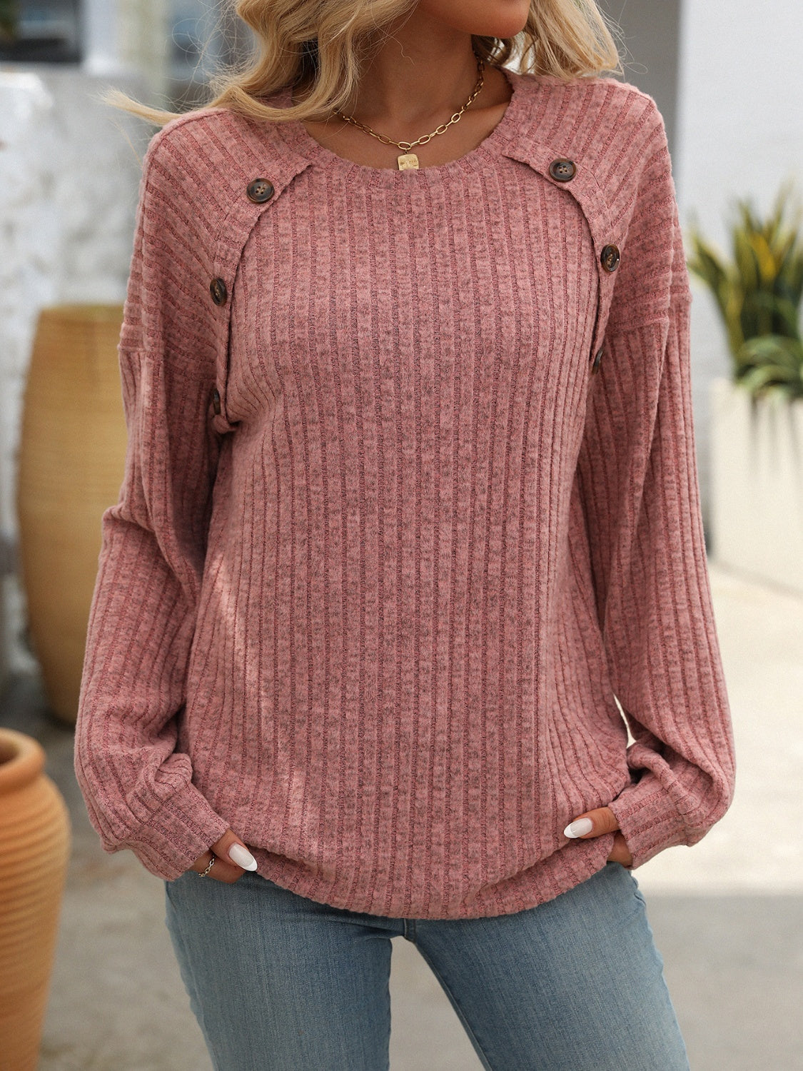 Button Long Sleeve Ribbed Top in 6 Colors