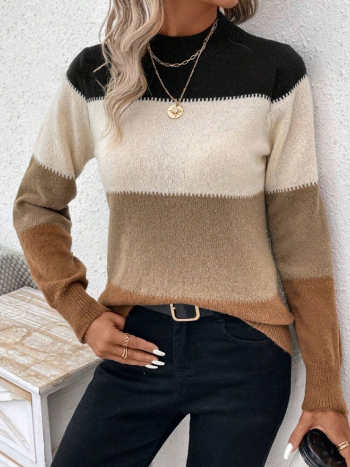 Color Block Mock Neck Sweater in 6 Colors