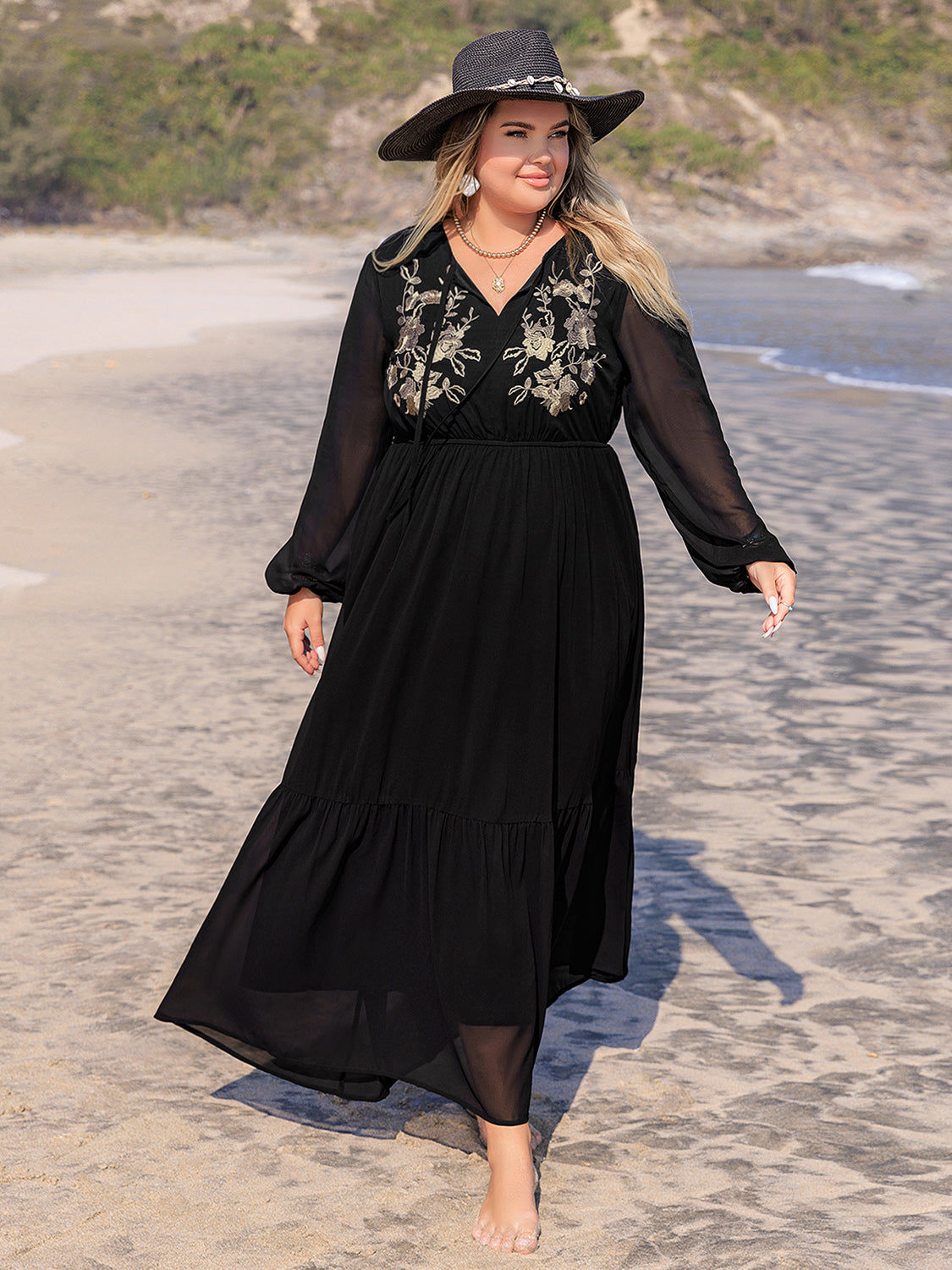 Plus Size Embroidered Long Sleeve Dress