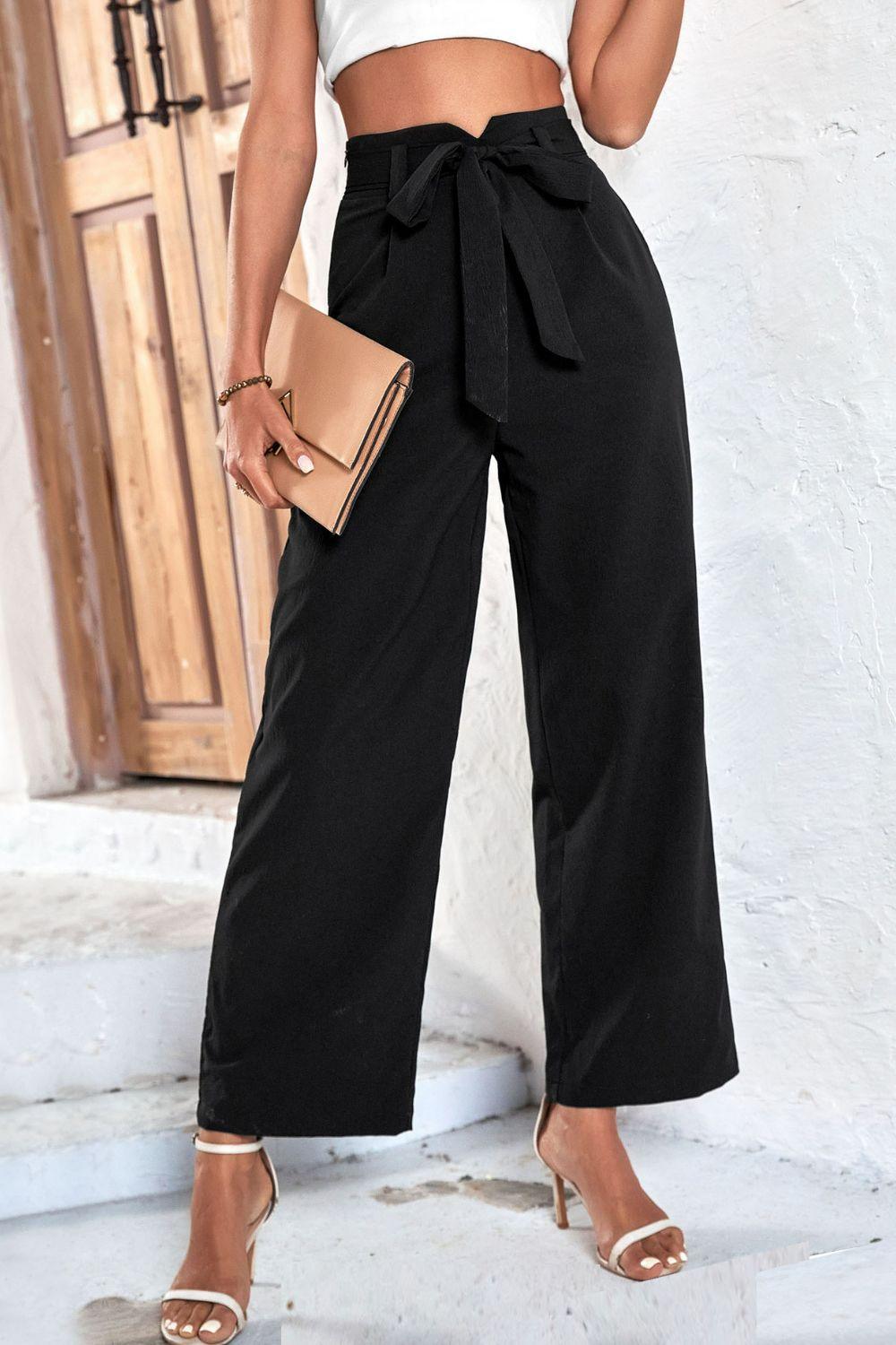 Belted High-Rise Wide Leg Pants - Olive Ave