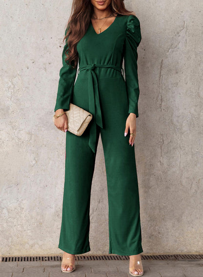 Belted Long Puff Sleeve Jumpsuit - Olive Ave