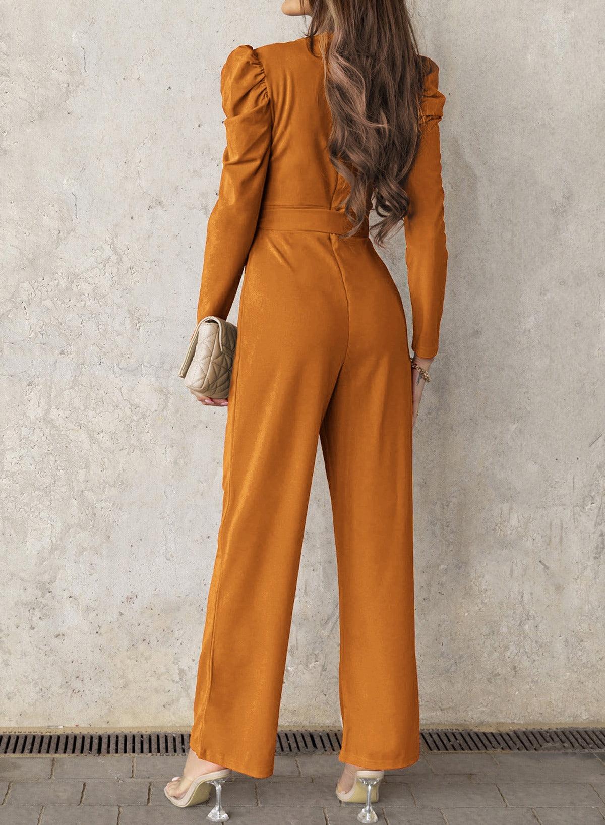 Belted Long Puff Sleeve Jumpsuit - Olive Ave