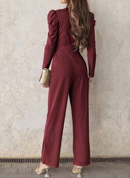 Belted Long Puff Sleeve Jumpsuit - Olive Ave