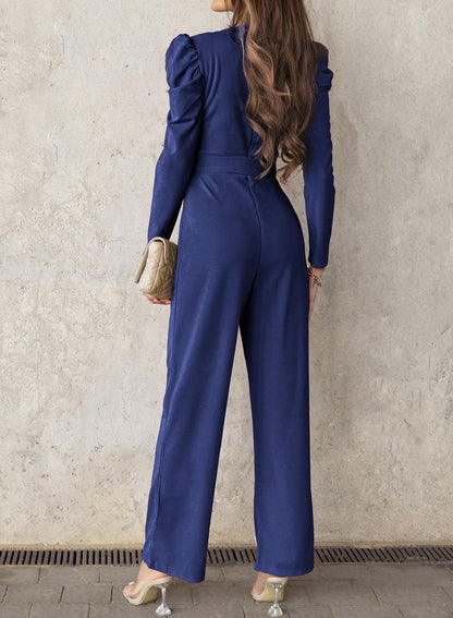 Belted Long Puff Sleeve Jumpsuit - Olive Ave