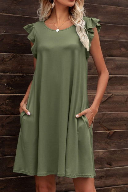 Butterfly Sleeve Round Neck Dress - Olive Ave