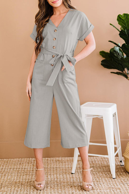 Button Front Cropped Jumpsuit - Olive Ave
