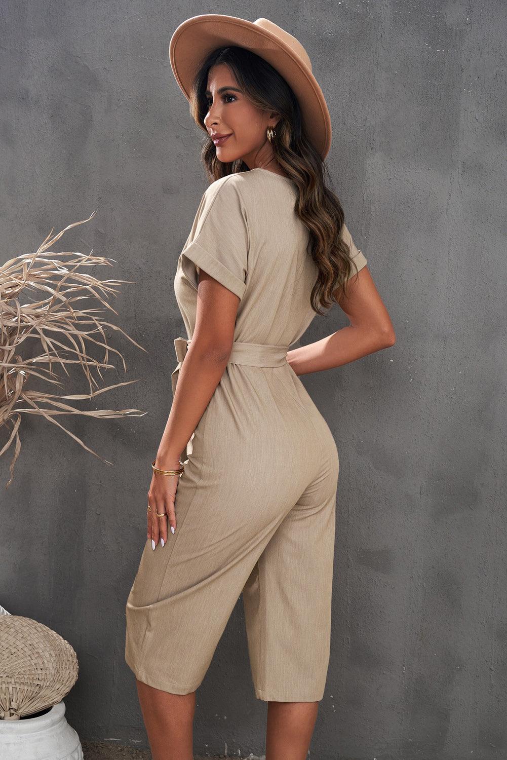 Button Front Cropped Jumpsuit - Olive Ave