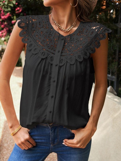 Buttoned Lace Yoke Top - Olive Ave