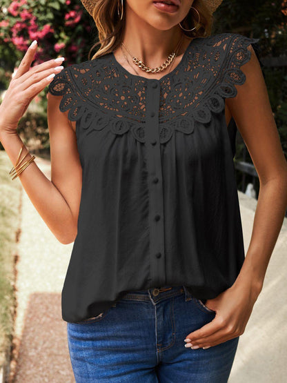 Buttoned Lace Yoke Top - Olive Ave