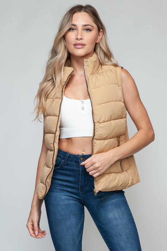 Zip Up Turtleneck Vest with Pockets in Iced Coffee