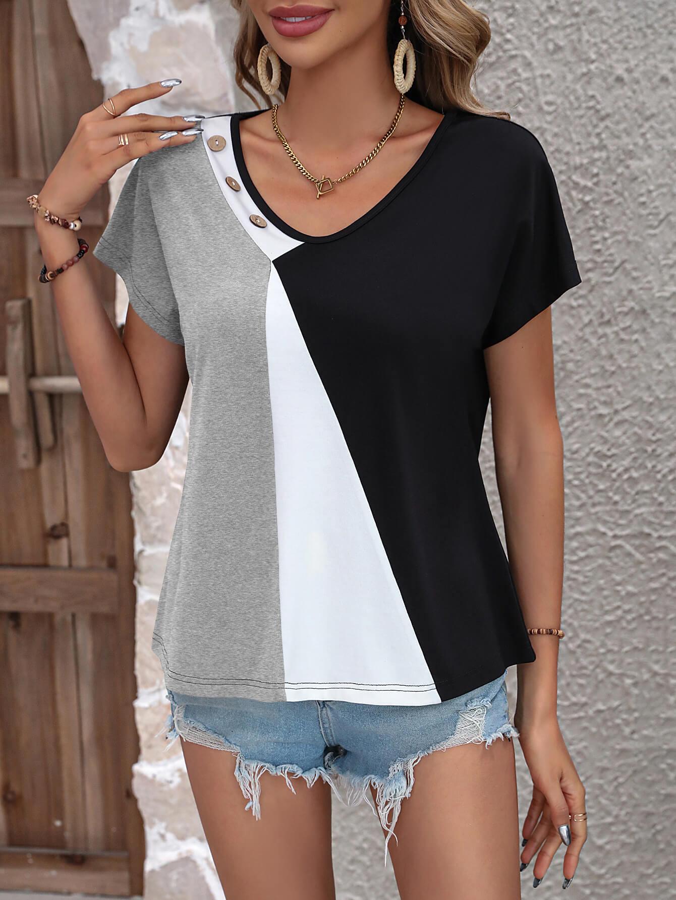 Color Block Button V-Neck Tee - Olive Ave