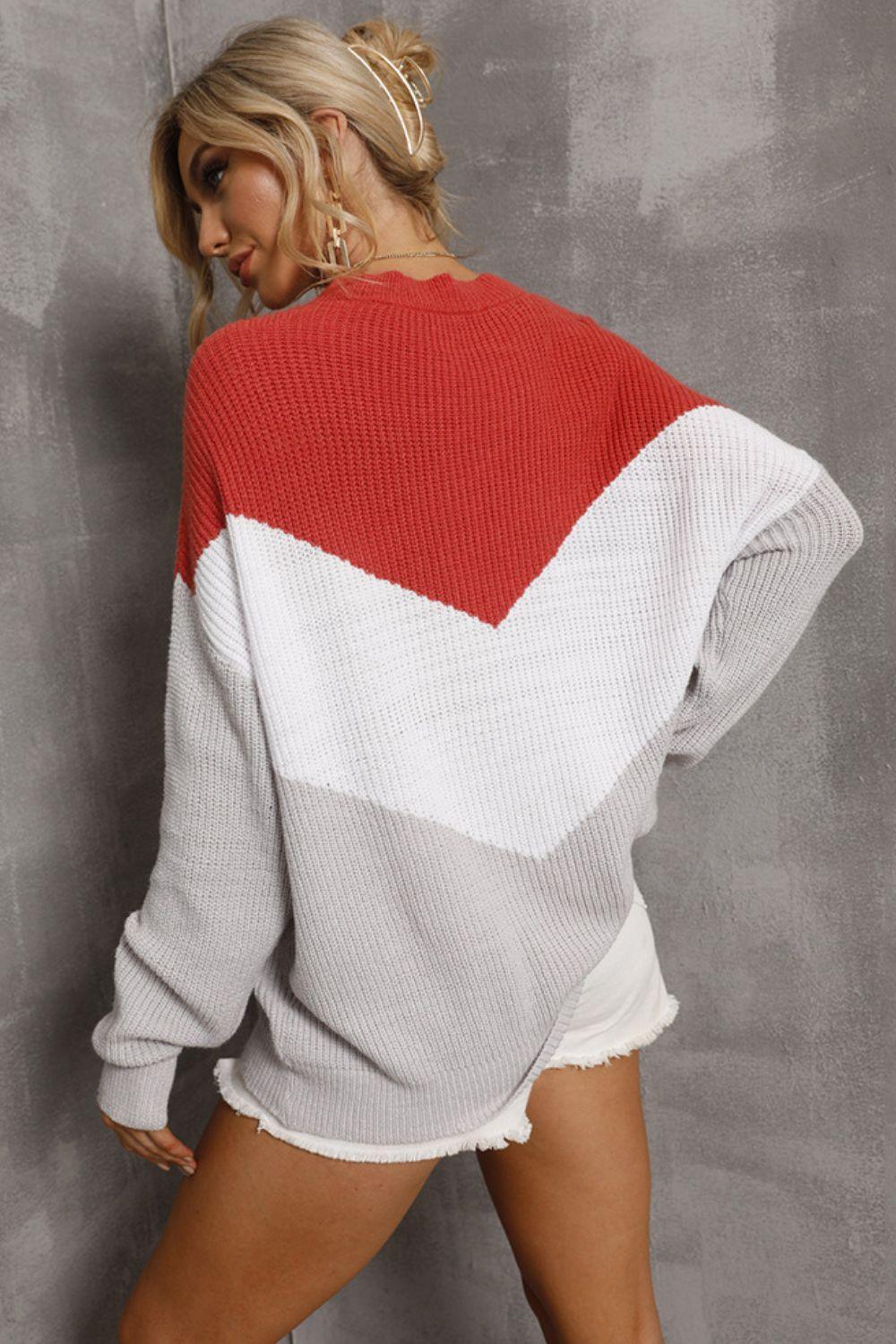 Color Block Chevron Rib-Knit Sweater - Olive Ave