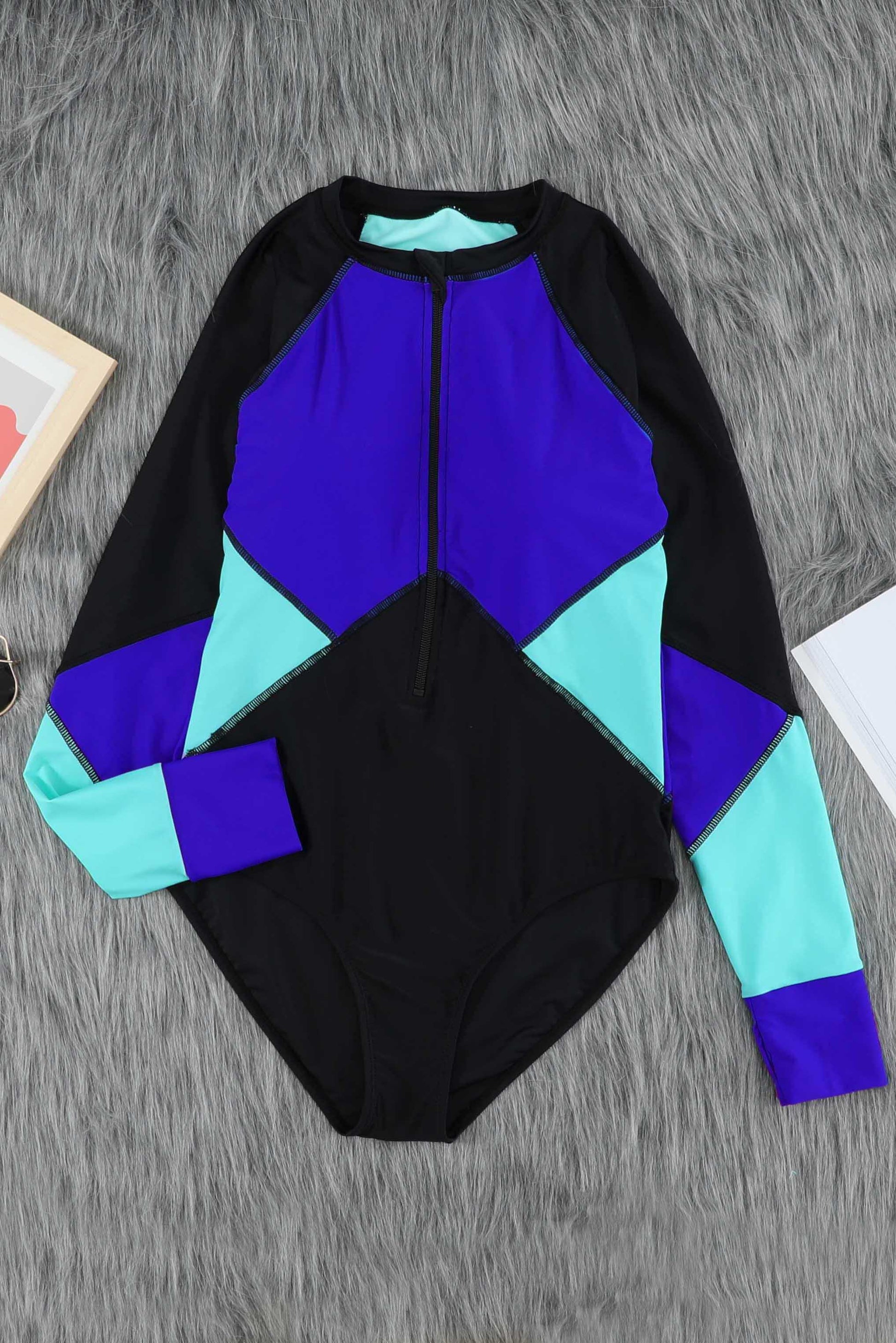 Color Block Half Zip Long Sleeve One-Piece Swimsuit - Olive Ave