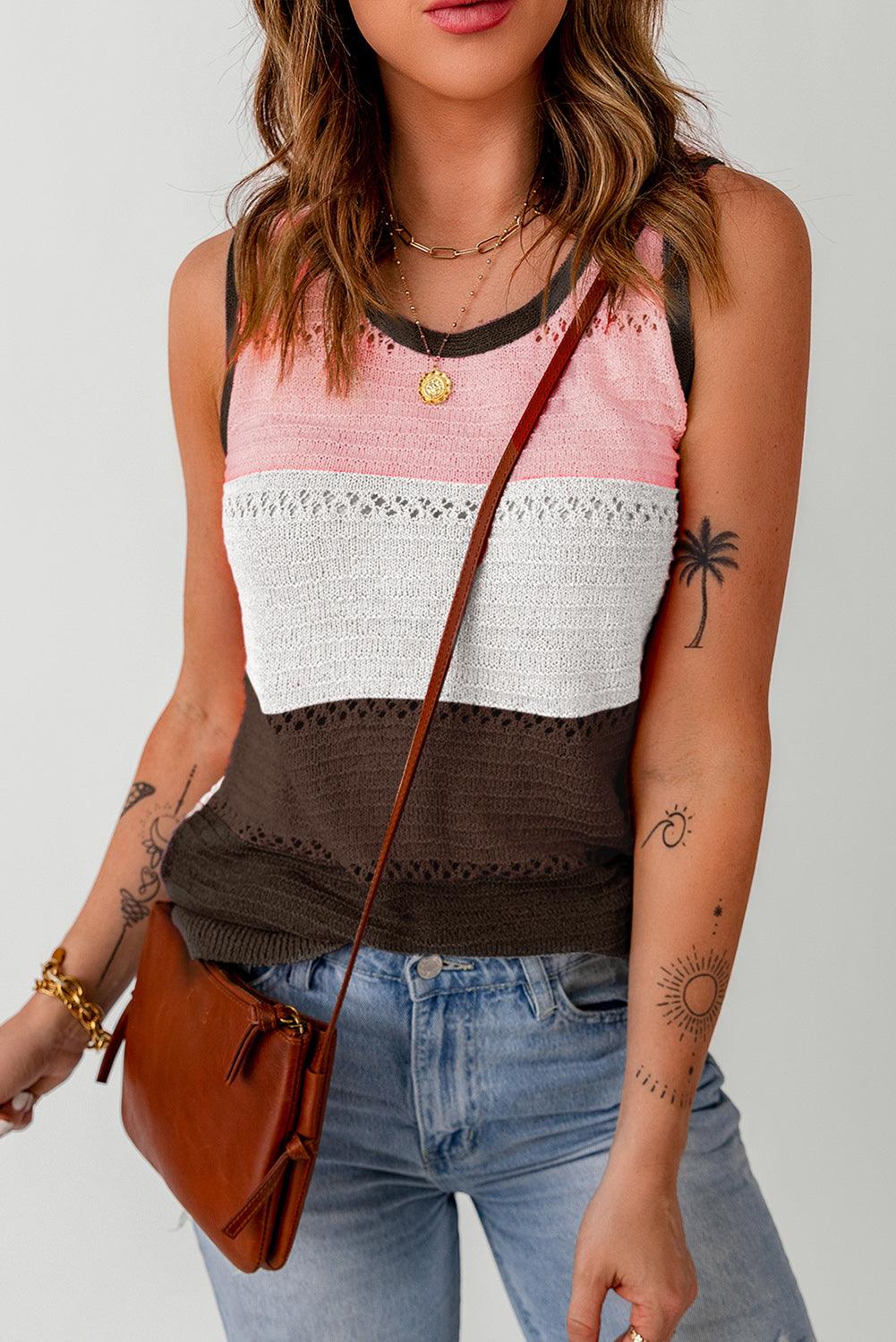 Color Block Openwork Knit Tank Top - Olive Ave