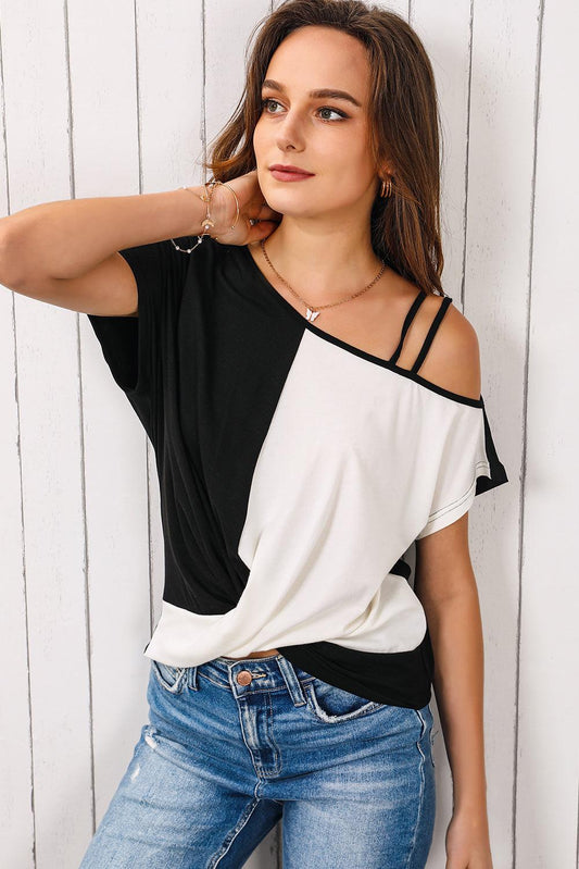 Contrast Twisted Asymmetrical Neck Top - Olive Ave