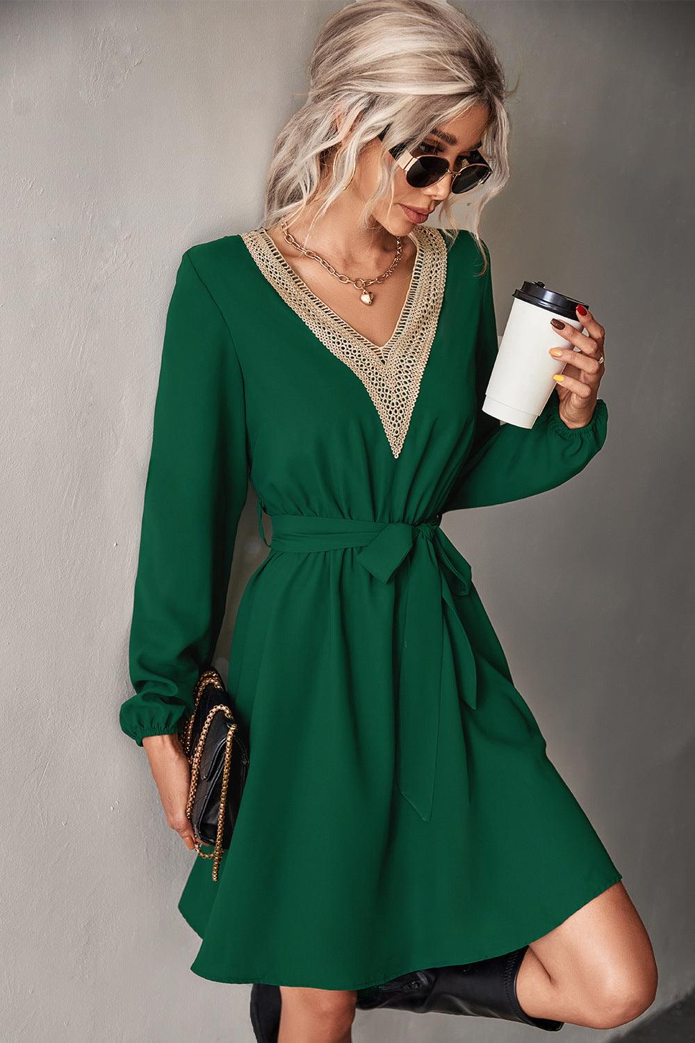 Contrast V-Neck Belted Dress - Olive Ave