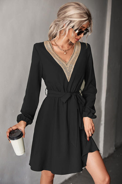 Contrast V-Neck Belted Dress - Olive Ave