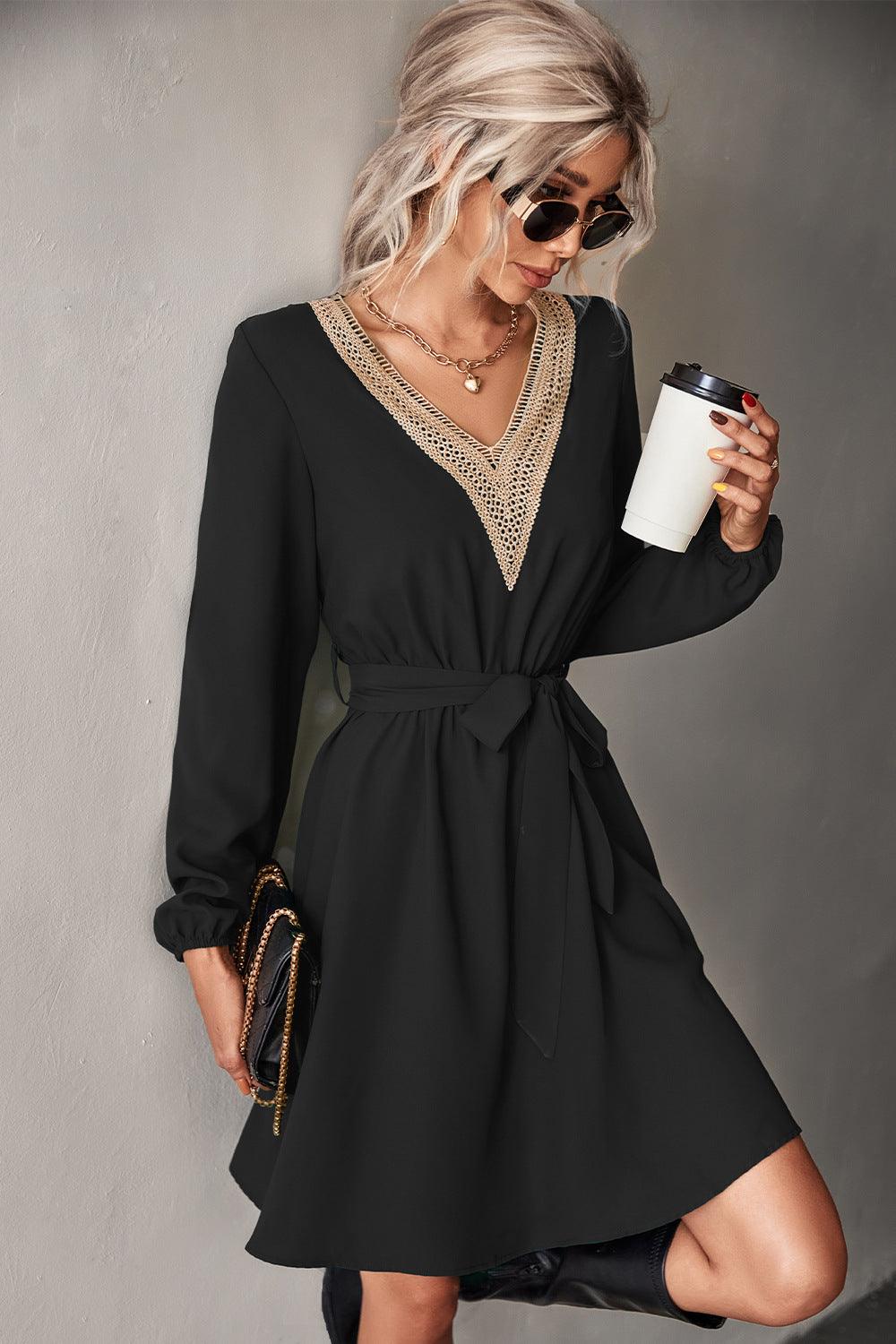 Contrast V-Neck Belted Dress - Olive Ave