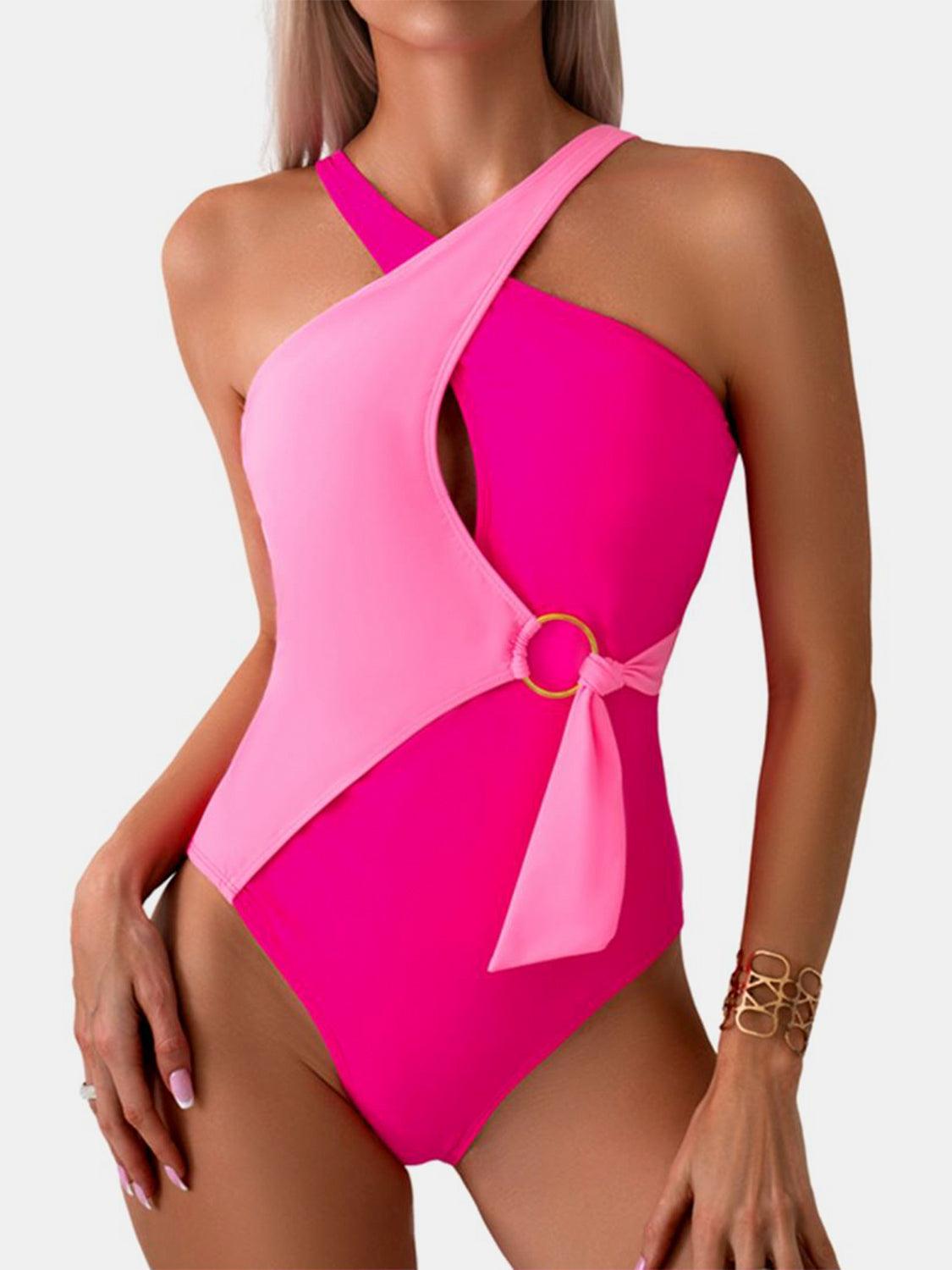 Cutout Contrast Sleeveless One-Piece Swimwear in 4 Colors - Olive Ave