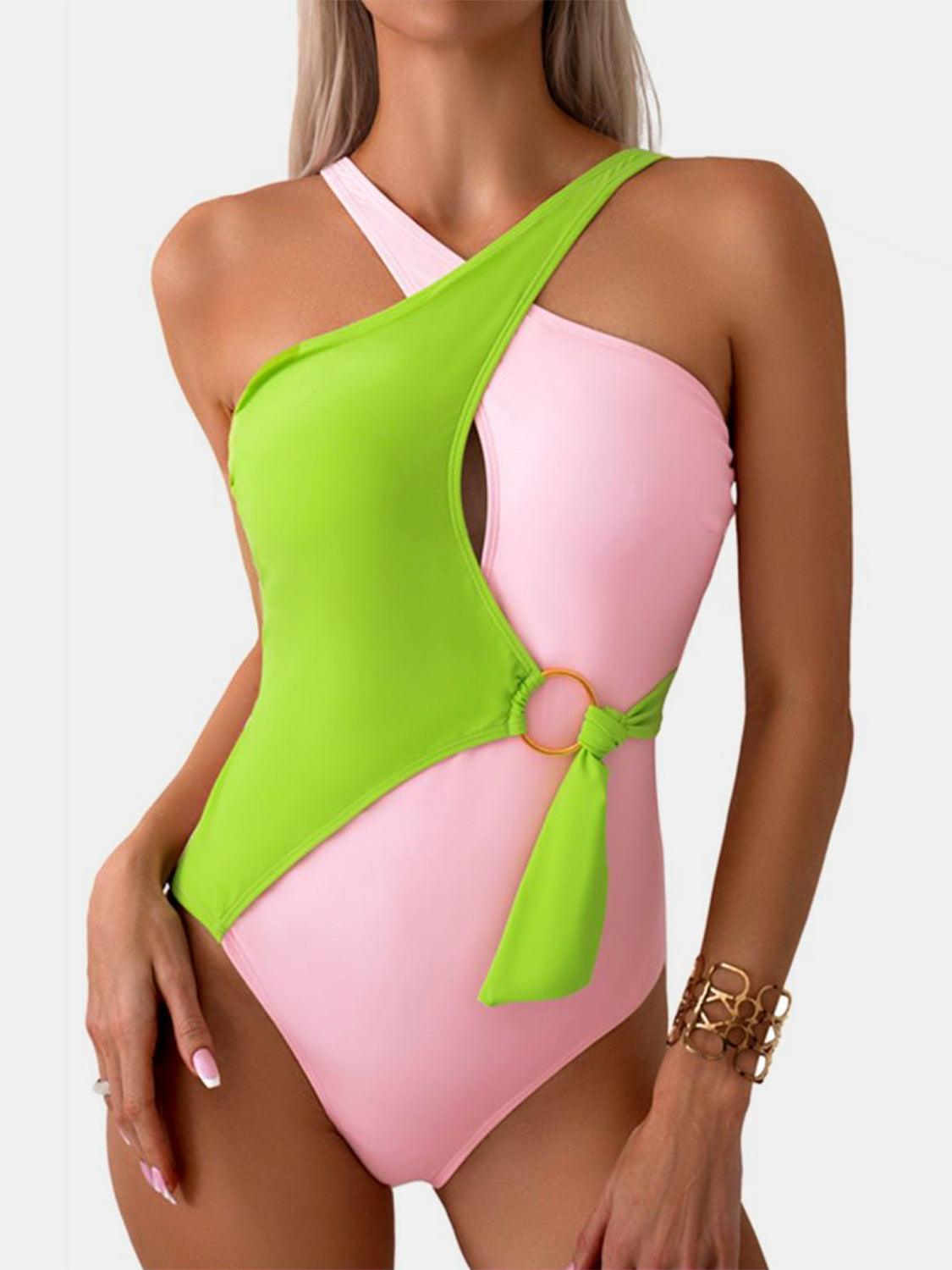 Cutout Contrast Sleeveless One-Piece Swimwear in 4 Colors - Olive Ave