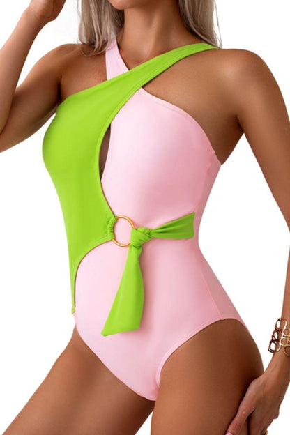 Cutout Contrast Sleeveless One-Piece Swimwear in 4 Colors - Olive Ave