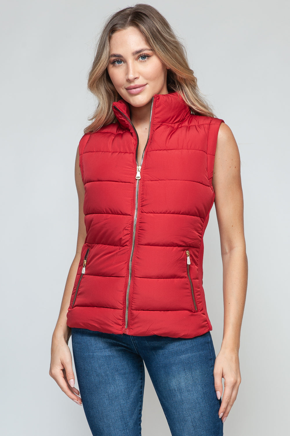 Zip Up Turtleneck Vest with Pockets in Red