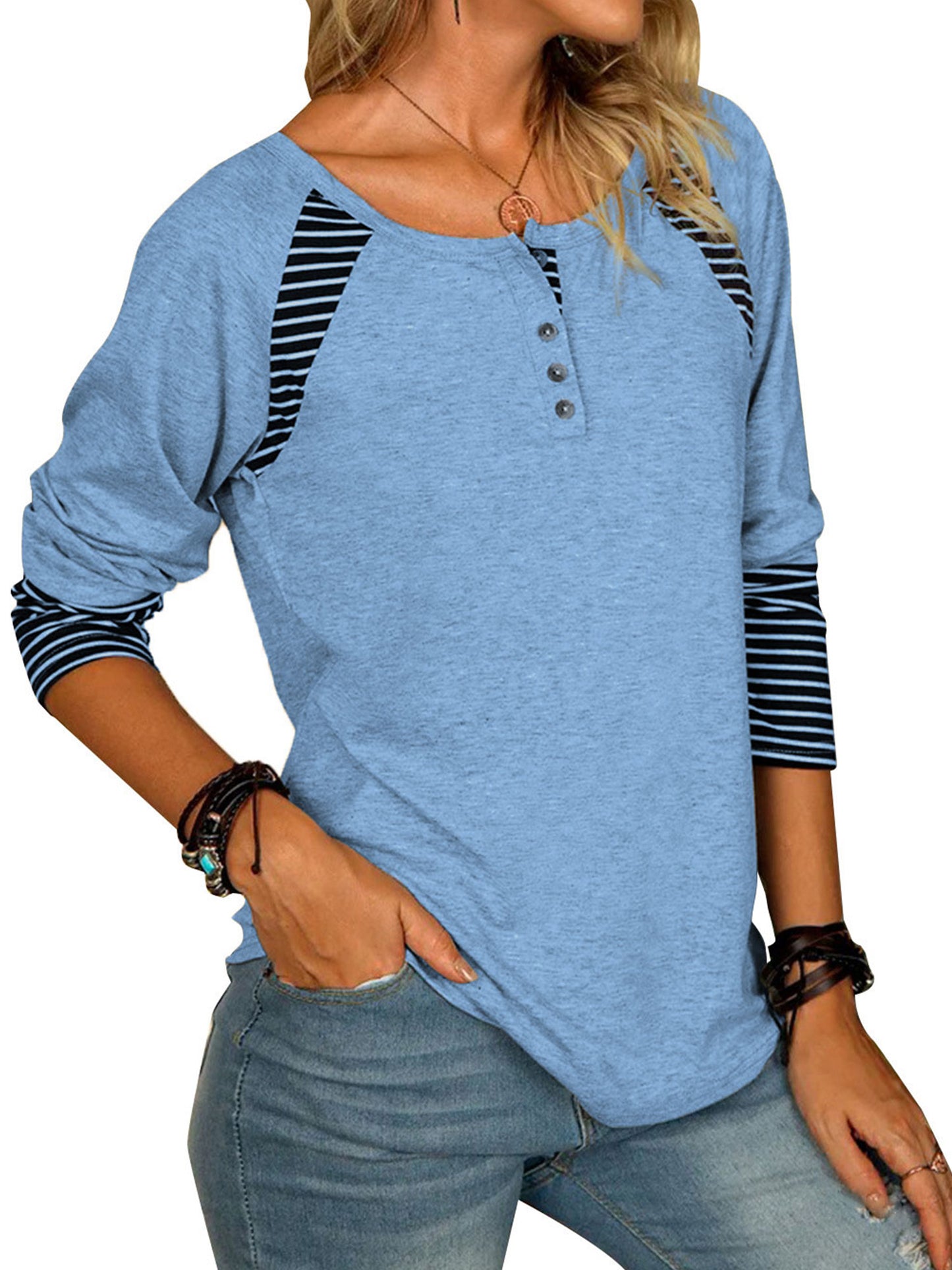 Full Size Striped Quarter Button Top in 6 Colors