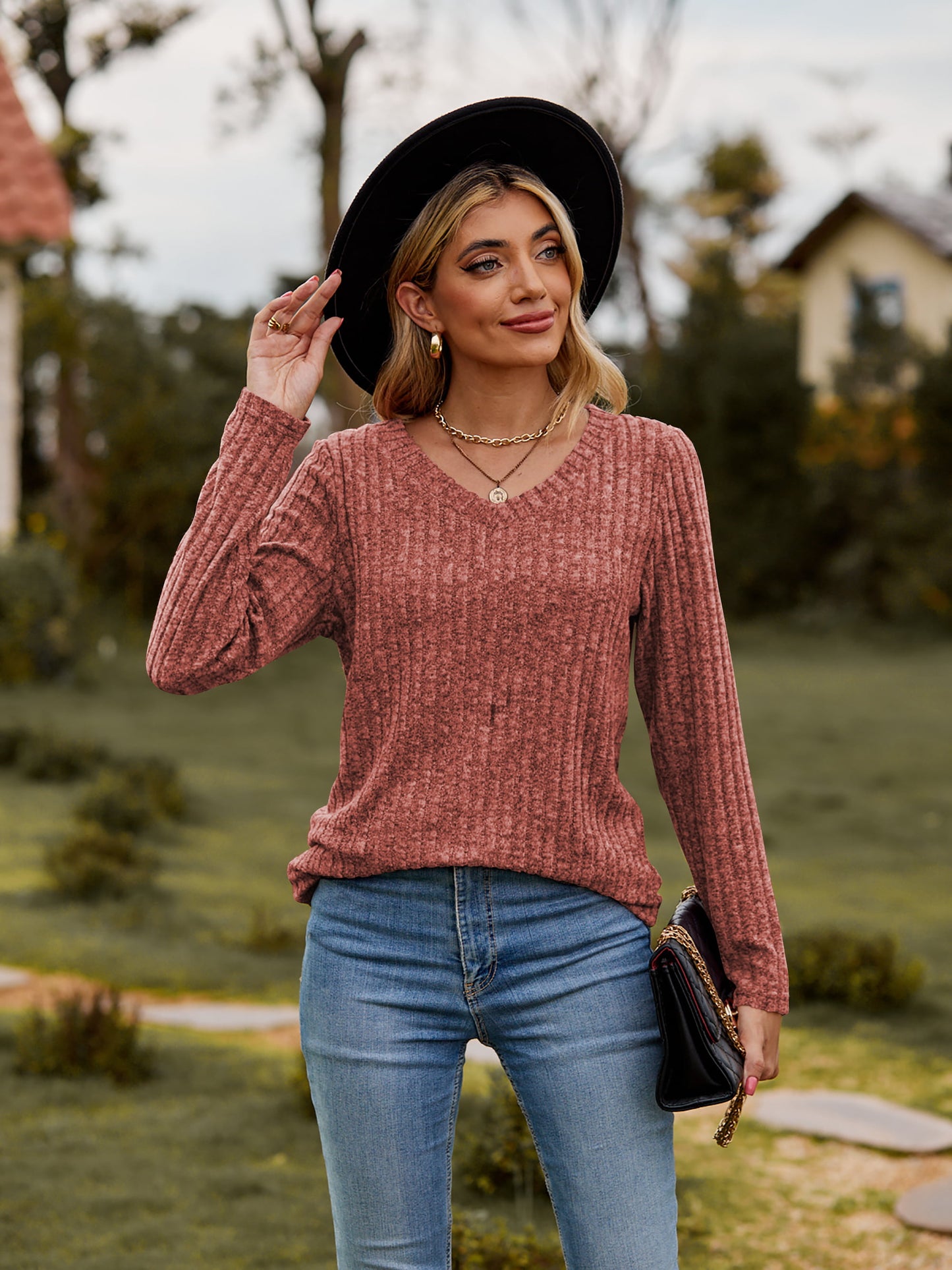 Ribbed V-Neck Long Sleeve Top in 7 Colors