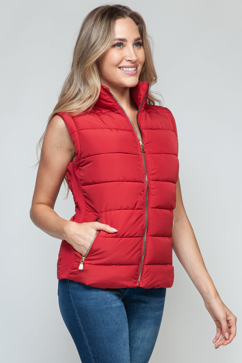 Zip Up Turtleneck Vest with Pockets in Red