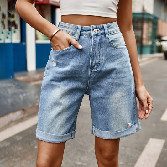 Distressed Buttoned Denim Shorts with Pockets - Olive Ave