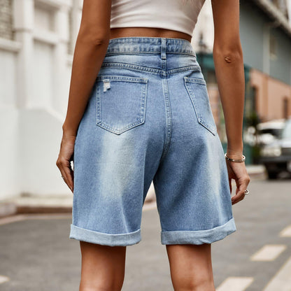 Distressed Buttoned Denim Shorts with Pockets - Olive Ave