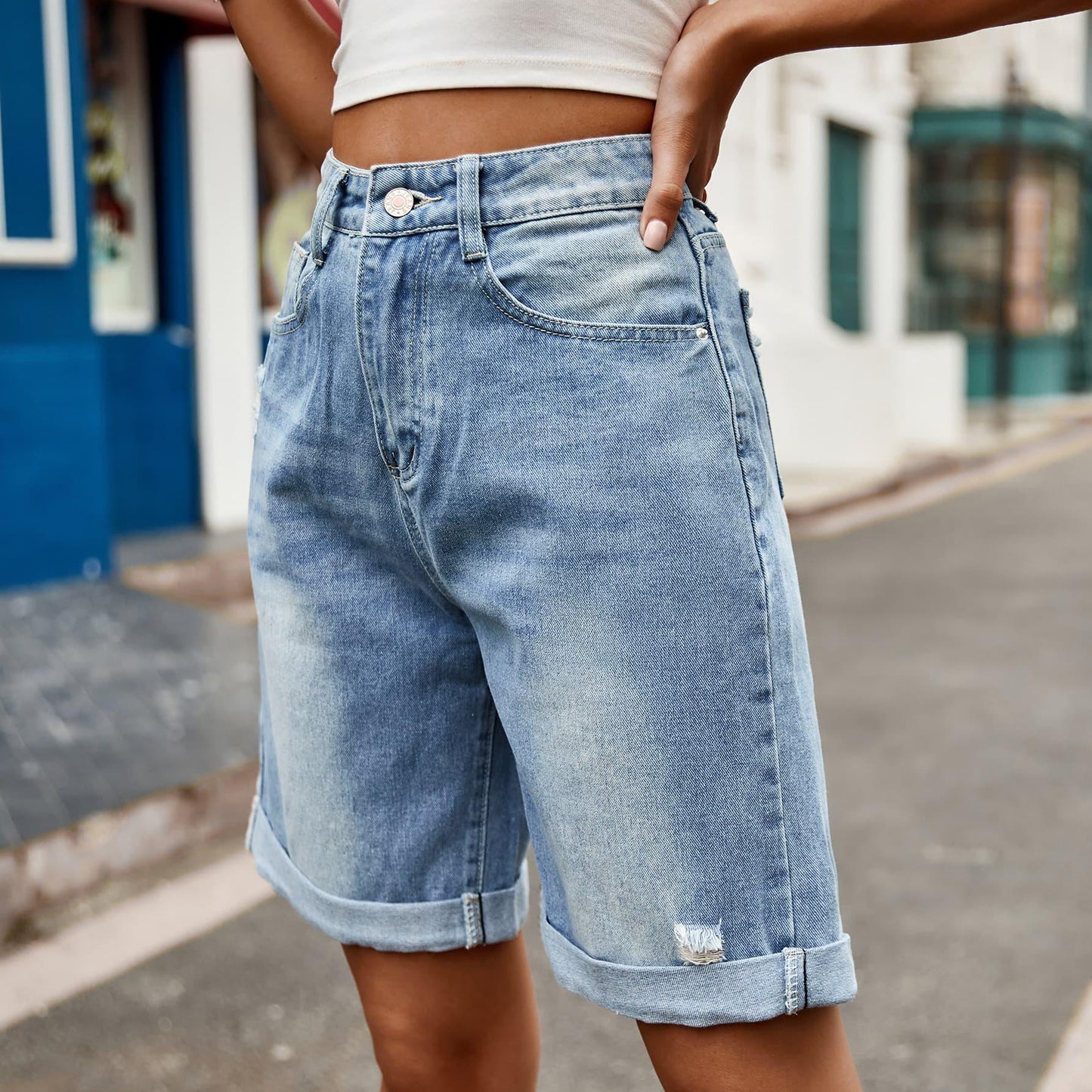 Distressed Buttoned Denim Shorts with Pockets - Olive Ave