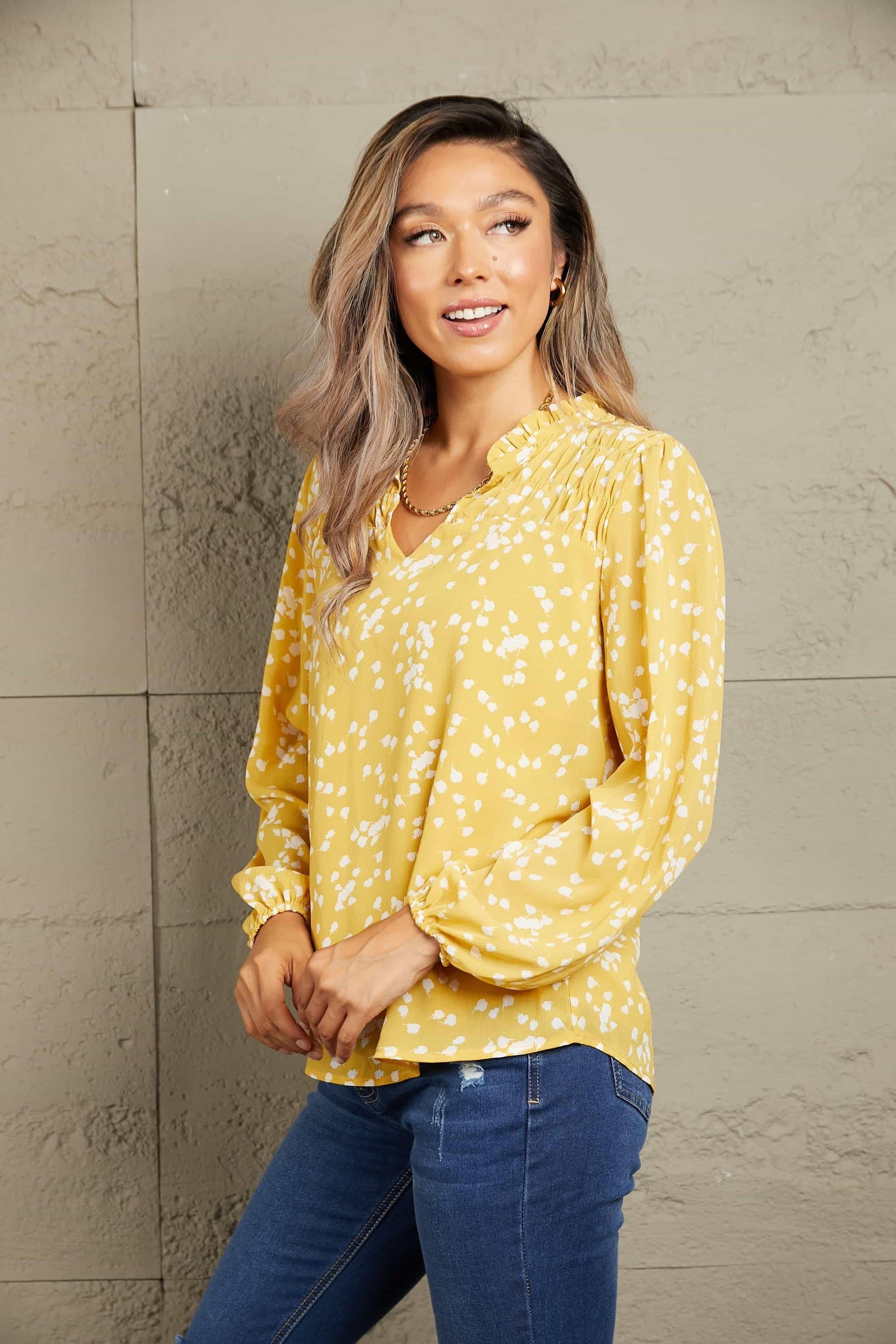 Double Take Printed Smocked Blouse - Olive Ave