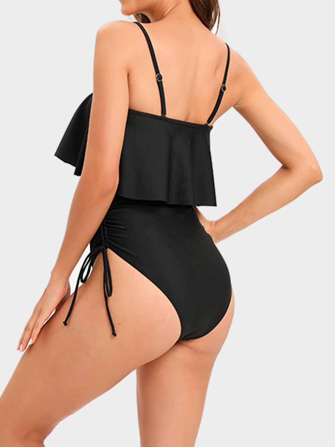 Drawstring Layered Spaghetti Strap One-Piece Swimwear in 3 Colors - Olive Ave