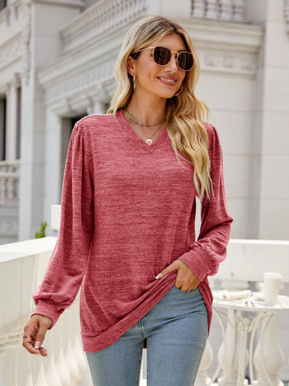 Heathered V-Neck Long Sleeve Top in 6 Colors